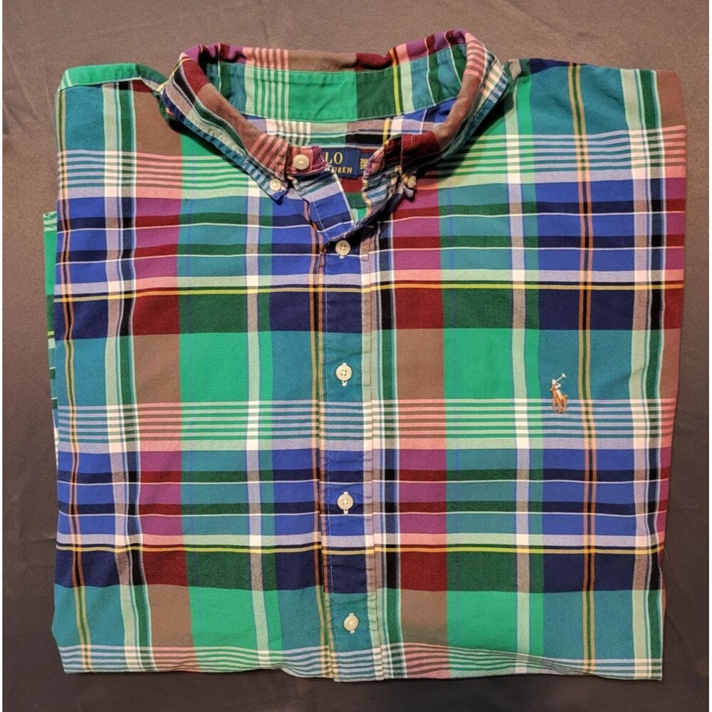 Polo Ralph Lauren Green Blue Red Plaid Oxford Button Down Cotton Shirt 3XLT Tall